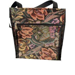 Vintage Floral Tapestry Zippered Tote Bag Front Pocket Black Handles Estate